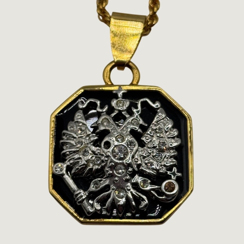 Vintage Joan Rivers Imperial Eagle Pendant Necklace Rhinestone Gold Tone Enamel